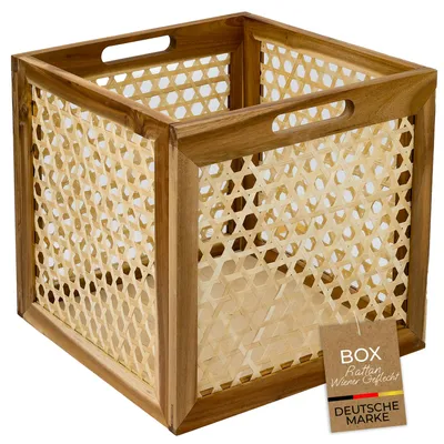 Produktbild von HMF Aufbewahrungskorb passend für Kallax Regale, Korb aus Rattan mit Wiener Geflecht und Akazienholz | Muster 2 | 32 x 34 x 32 cm, KI-generiertes Bild