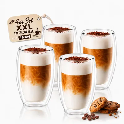 Produktbild von 4x Latte Macchiato Gläser doppelwandig 450ml Cappuccino Tassen - aus Borosilikatglas - Spülmaschinenfeste Teegläser Kaffeetassen Set - Thermogläser, KI-generiertes Bild