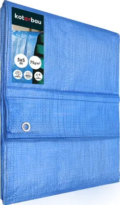 A folded blue tarp is shown against a white background.