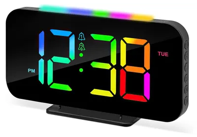 Produktbild von Digitalwecker mit 8-Farben LED, USB & Typ-C Ladeanschluss, Snooze Funktion, einstellbare Lautstärke & Helligkeit, großes Display, Nachtlicht für Schlafzimmer, Schwarz