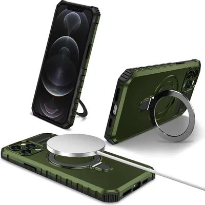 Obrázek produktu pro Pouzdro pro iPhone 12 Pro magnetické s MagSafe, držák prstenu, stojánek, dvouvrstvé ochranné pouzdro zelené