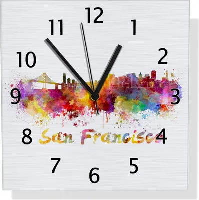 Produktbild von Wallario Design Wanduhr Städte als Aquarell - Skyline von San Francisco aus Aluverbund, Größe 30 x 30 cm