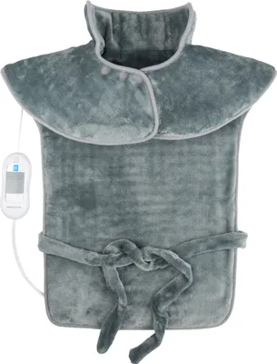 A gray heated shoulder and neck wrap is shown against a white background.