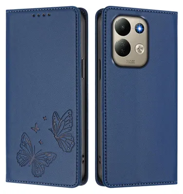 Image de Étui en cuir pour Xiaomi Redmi 17 4G/5G, avec motif papillon, type portefeuille rabattable avec support. Couleur : bleu foncé