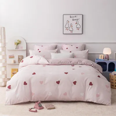 Immagine prodotto di Set di lenzuola 135x200 cm, per bambine, motivo cuori, colori rosso, rosa e bianco, 2 pezzi, in microfibra con cerniera