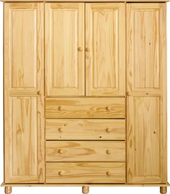 A front view of a wooden wardrobe with four doors and drawers.