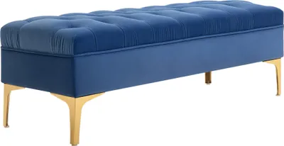 Zdjęcie produktu dla HOMCOM Ławka tapicerowana z aksamitnym pokryciem, ławka z metalową ramą, ławka na buty do sypialni, salonu, przedpokoju, 118 x 45 x 42 cm, niebieska
