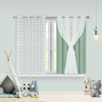 Produktbild von Fertiggardinen 132x160cm Kindervorhang Ösen Gardinen mit PomPom Doppelschichtige Kinderzimmer Vorhänge，Baby Gardinen Doppelschichtig，Grün