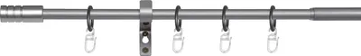 A metal curtain rod with rings and clips, shown against a white background.