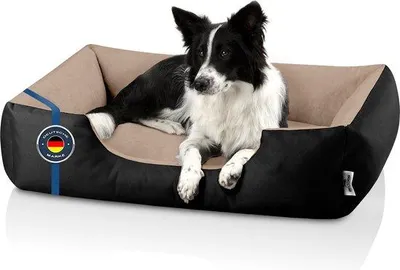 Produktbild von BedDog Hundebett LUPI Hundesofa Hundekissen waschbar,NAMIB-BLACK (schwarz/beige),(L) ca. 80x65x18cm