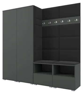 Obrázek produktu pro Šatní skříň NELA VI 200 cm, kompaktní šatní skříň v grafitové barvě s černým sedákem 16 (skříň a panel)