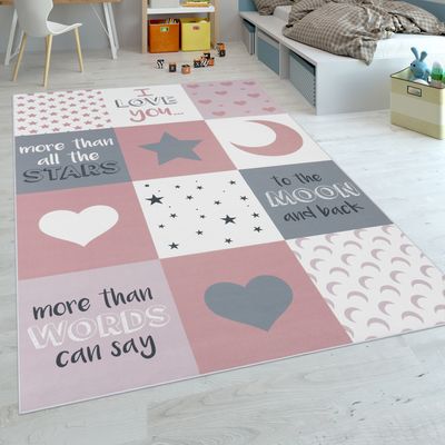 Kinderteppich Kinderzimmer Mädchen Herzen Sterne Mond Spruch Rosa Grau Grösse 80x150 cm