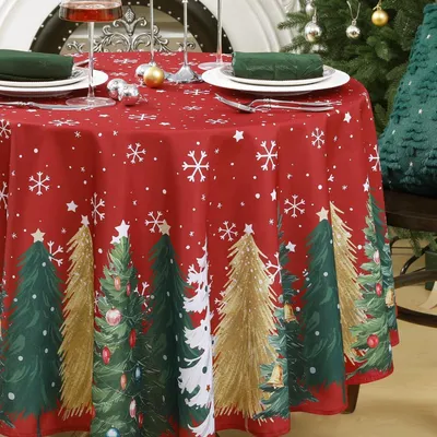 Produktbild von Weihnachtstischdecke rund 160 cm abwaschbar rot mit Weihnachtsbaum & Schneeflocken