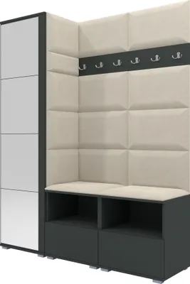 Produktbild von Garderoben-Set Nela II mit Spiegel, Polstergarderobe mit zwei Schuhschränke und Wandpaneele, Flurgarderobe mit Hochschrank (Farbe: Graphit + Trinity 01 (Creme))