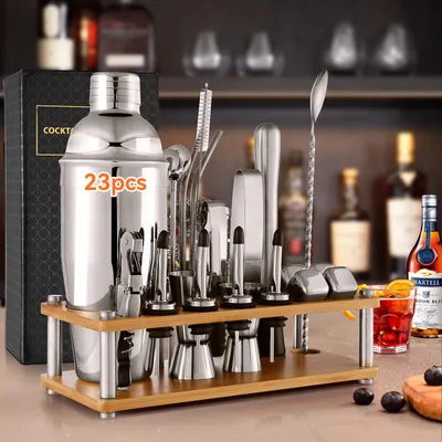 Produktbild von 23-teiliges Cocktail-Shaker-Set aus Holz mit Edelstahl-Shaker, Messbecher & Bambus-Ständer