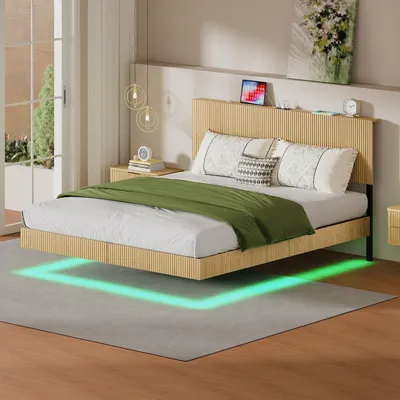 Productafbeelding van Modern zwevend bed, 180x200 cm, licht eikenhout met LED-stopcontact en hoofdeinde