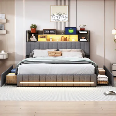 Image de CDGlobal Lit rembourré 140x200cm avec USB et prises de courant, lit double pour adolescents avec 4 tiroirs, lit de rangement lit en bois massif avec LED/Type C et sommier à lattes, lin