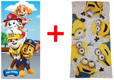 Produktbild von Paw Patrol + Minions, Stuart, Carl, Dave, Rubble, Chase, Marshall, Badetuch, Strandtuch Handtuch, 70 x 140 cm, 100% Baumwolle - 2er-Geschenkset
