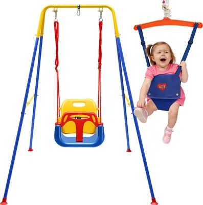 Produktbild von Faziango 4in1 Kinder Schaukel mit Gestell – Babyschaukel & Jumper ab 6 Monaten bis 10 Jahre, klappbar, bis 90 kg belastbar, Indoor & Outdoor