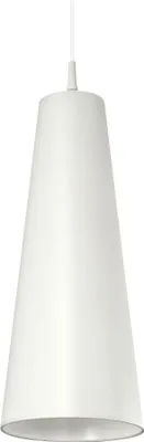 A white conical pendant lamp hanging from a white cord against a white background.