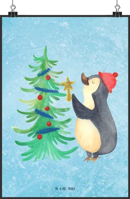 Produktbild von Mr. & Mrs. Panda Bild Pinguin Weihnachtsbaum DIN A1 - Eisblau - Geschenk, Weihnachten, Wandbild, wanddeko, Kunstdruck, Winter, Wanddekoration, drucke