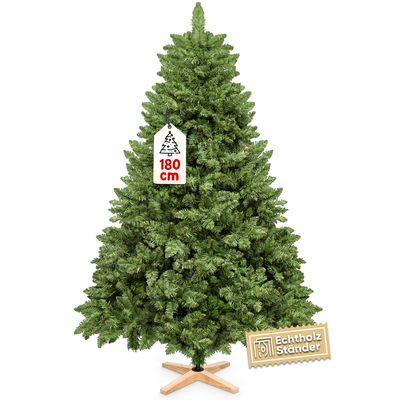 Prémiový umelý vianočný stromček 180 cm - s dreveným stojanom, jedľa Nordmann, umelá jedľa, realistický, husté vetvy bez LED