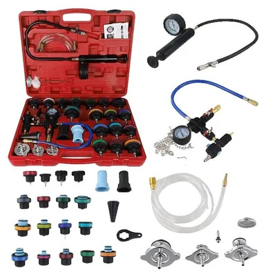 Imagen del producto de Kit de comprobador de presión de refrigerante, con 17 adaptadores, herramienta de vacío y recarga, rango de presión de 0 a 30 PSI, medición de temperatura hasta 250°F, diseño compacto