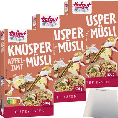 Produktbild von Hofgut Müsli Apfel-Zimt 3er Pack (3x500g Packung) + usy Block