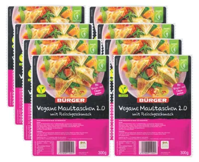 Produktbild von BÜRGER vegane Maultaschen 2.0 – Proteinreich & Fleischfrei, Pflanzlich, Schwäbischer Genuss, Vegan & Vegetarisch, Eiweißreiche Teigtaschen, 8 Beutel