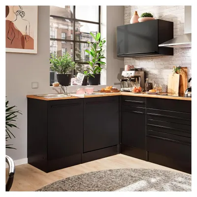 Produktbild von Moderner Eckschrank für die Küche mit Arbeitsplatte in mattem Schwarz und Lanzelot Eiche Optik - Geräumiger Eck-Unterschrank mit viel Stauraum - 115 x 90 x 60 cm (B/H/T)