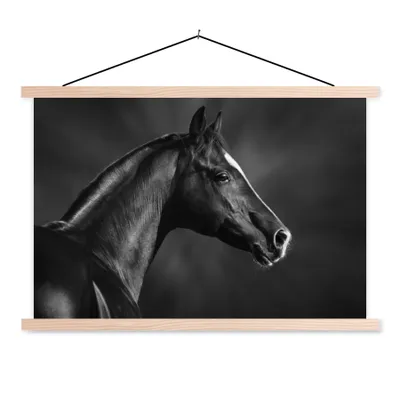 Produktbild von MuchoWow® Textilposter Pferd - Tiere - Schwarz - Weiß - Porträt 120x80 cm mit holzfarbenen Rahmen - Aufhängeset