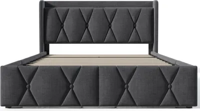 Produktbild von Flieks Polsterbett 140x200 mit USB und Steckdosen, Stauraumbett mit Lattenrost, Doppelbett mit 4 Schubladen, Jugendbett Klassisches Bett, Leinen, Grau