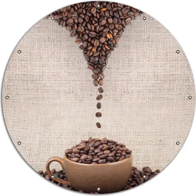 Produktbild von Wallario rundes Outdoor-Poster für Garten oder Balkon, Motiv Tasse mit Kaffeebohnen - Kaffeedesign, 120 cm Durchmesser