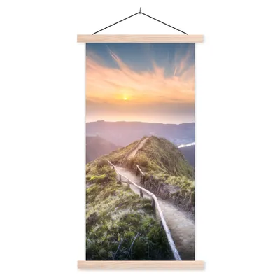 Produktbild von MuchoWow® Textilposter Berge - Sonne - Natur 60x120 cm mit holzfarbenen Rahmen - Holz