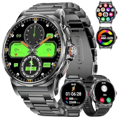 Produktbild von Militär Smartwatch Herren, 1,43-Zoll-AMOLED-Smartwatch mit Bluetooth-Anruf, 3 Armbänders, IP68 Wasserdicht/Herzfrequenz/Schlafmonitor, 120+ Sportmodi Outdoor Sportuhrfür Android iOS, Schwarz