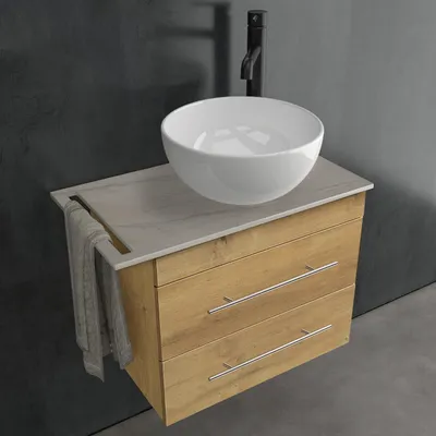 Produktbild von Alpenberger Waschbecken mit Unterschrank 60 cm | Badmöbel Set Gäste WC mit Keramik Aufsatzwaschbecken und Keramikplatte