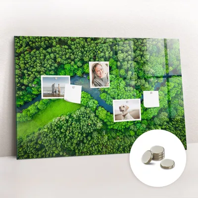 Obrázek produktu pro Magnetická Tabule na Zeď Skleněná - Memo Board Kleněnou Přední Stranou - 5 magnetů v balení - 90x60 cm - Řeka v lese
