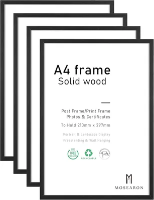 Obrázek produktu pro Rám na obrázky formátu A4, 21 x 30 cm, sada 4 kusů, dřevěný, černý, vhodný na zeď nebo na stůl