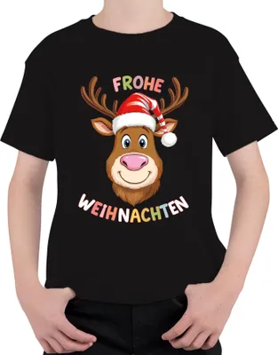 Produktbild von FROHE WEIHNACHTEN Rentier Weihnachtsmütze lustig kinder Geschenk Uni Kinder T-Shirt, Schwarz, 128