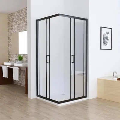 Produktbild von LISA Duschkabine Eckeinstieg 90x90x185 cm mit Doppel Schiebetür rollen, 6mm ESG Sicherheitsglas, Schiebetüren Glas komplett Dusche schwarz