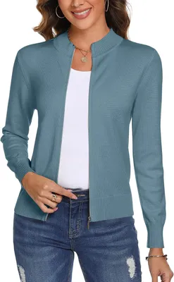 Productafbeelding van Gebreid dames vest met opstaande kraag en ritssluiting, lange mouwen, blauwgrijs
