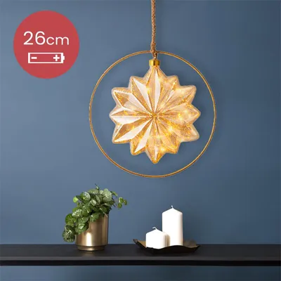 Zdjęcie produktu dla Gwiazda na biegunach z jutową liną i miedzianym pierścieniem - 15 lampek LED - 26 cm - Bursztynowe szkło