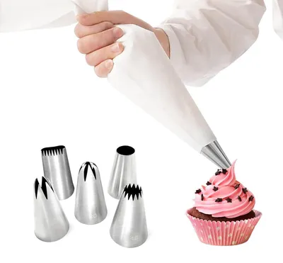 Image de Kit de douilles de décoration comprenant 6 pièces, avec un sac à douille en coton de 40 cm et 5 douilles pour gâteaux et cupcakes