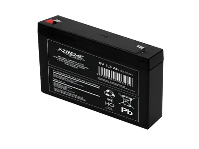 A black 6V 1.3Ah battery is shown against a white background.