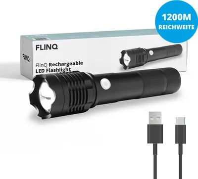 Produktbild von FlinQ wiederaufladbare LED-Taschenlampe – Militär-Taschenlampe – bis 1200 m Sicht – spritzwassergeschützt – Aluminium – Notfallpaket – Schwarz