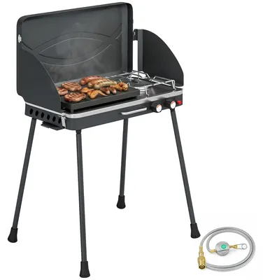 Produktbild von Tragbarer Gasgrill 2 Brenner 7 kW 2-in-1 Tischgrill mit Braten klappbar Beinen Grillrost Windschutz Deckel Verschluss
