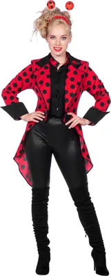 A woman is posing in a ladybug costume.