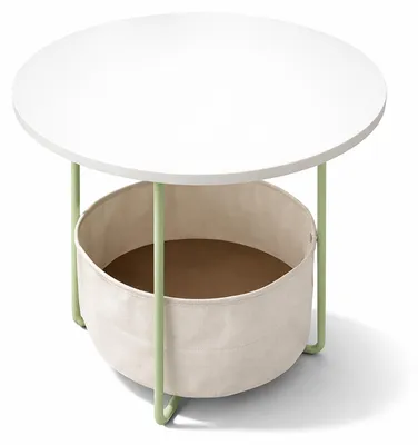 Produktbild von Relaxdays Beistelltisch, runder Couchtisch, mit Stoffkorb, HD 50x45cm, Kaffeetisch Wohnzimmer, MDF, Metall, salbei-creme