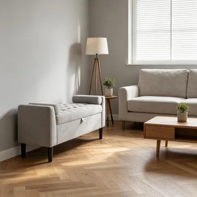 Image de Banc avec rangement, 118 cm, revêtement en velours gris clair, avec accoudoirs et pieds en bois