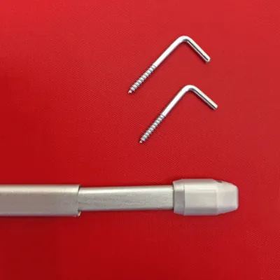 Two L-shaped screws and a telescopic rod with a cap on a red background.